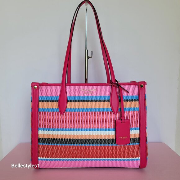 KATE SPADE Market Striped Woven Straw Medium Tote Bag-Wild Raspberry Multi ⭐ - Picture 6 of 16